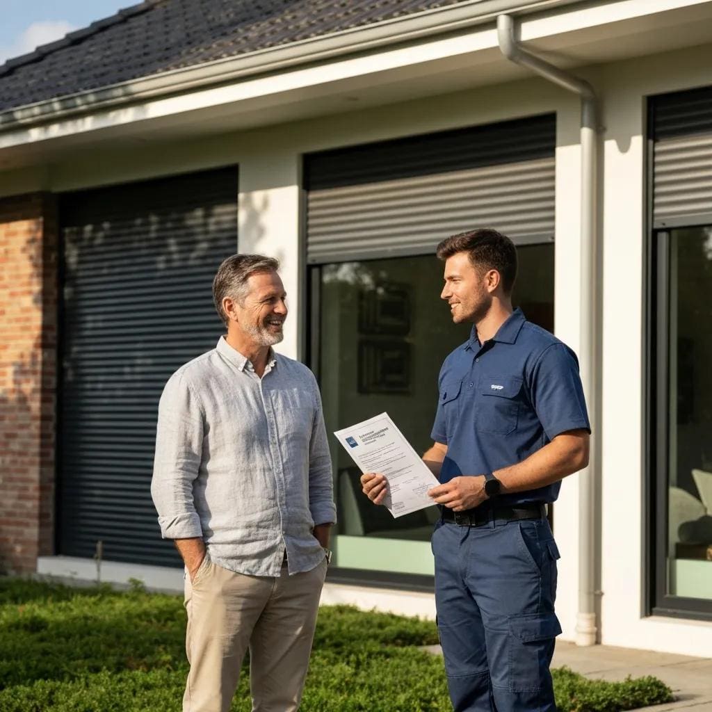Homeowner meeting with an installer to review accordion shutter credentials and paperwork