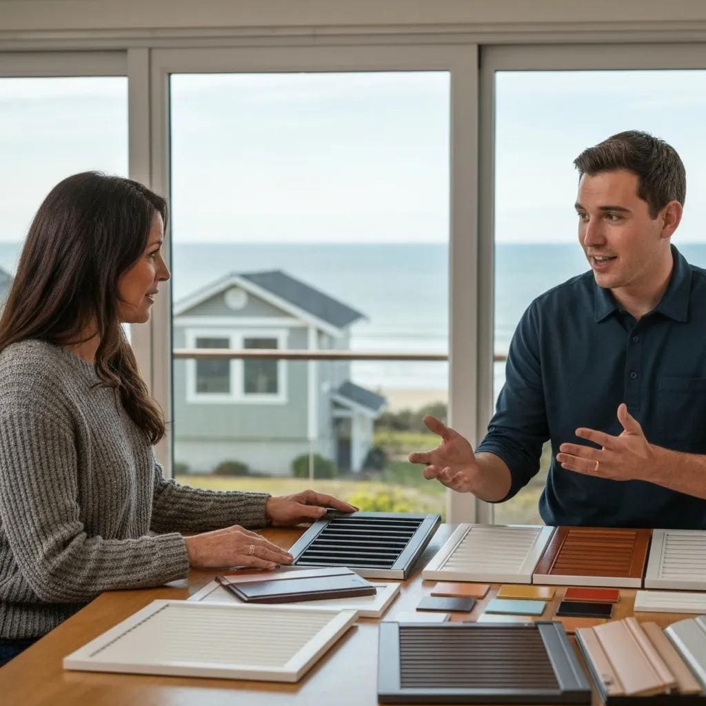 Homeowner consulting with contractor about color options for accordion shutters, with samples and coastal home in view