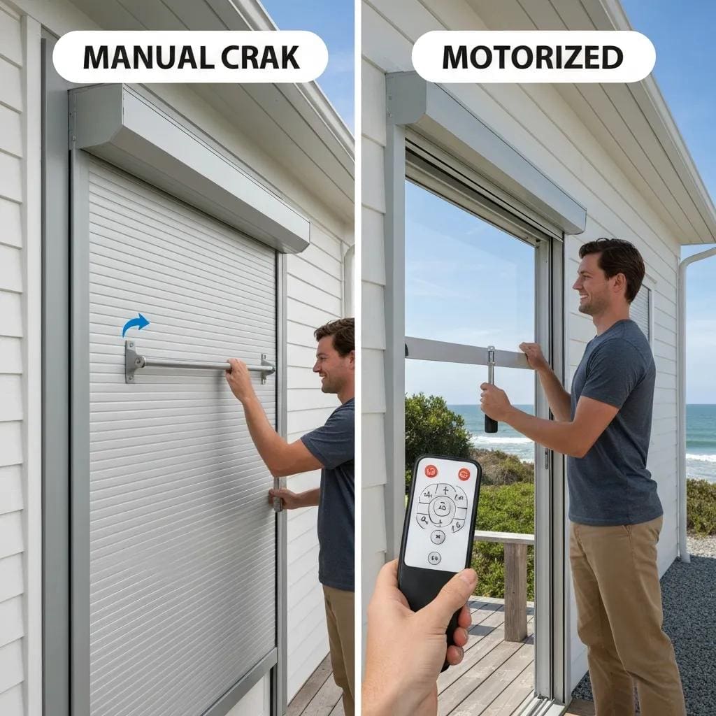 Homeowner showing manual crank and motorized controls for roll-down shutters