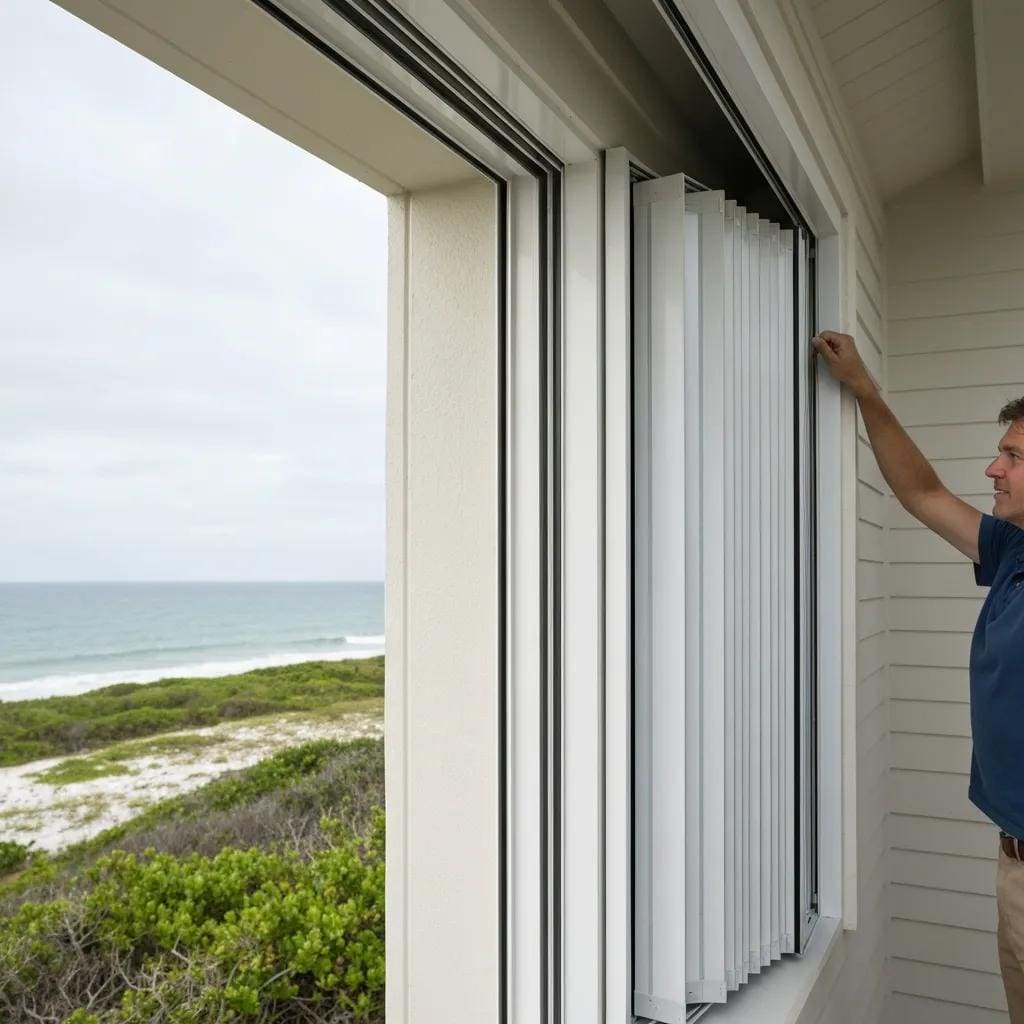 Homeowner closing accordion shutters to demonstrate ease of use and coastal storm protection