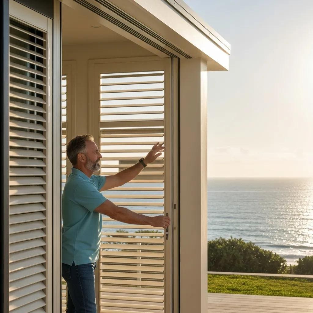 Homeowner-deploying-accordion-shutters-highlighting-ease-of-use-and-coastal-protection-3031d2eb-64f3-4e88-8ec3-91d072ae2e81webp - american hurricane shutters Homeowner pulling accordion shutters into place to show ease of use and storm protection
