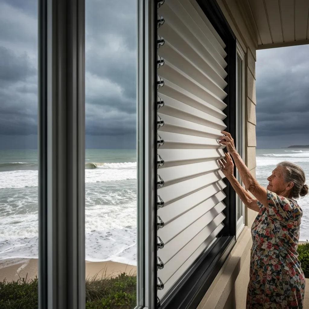 Homeowner-deploying-accordion-shutters-on-a-window-demonstrating-ease-of-use-and-storm-protection-764203f0-b18f-4c52-b871-30c1c417356awebp - american hurricane shutters Homeowner closing accordion shutters on a window to show fast, no‑storage protection