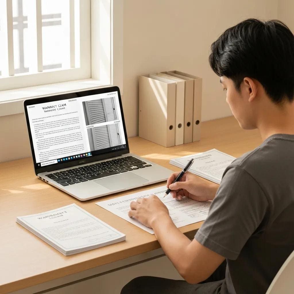 Homeowner documenting shutter damage with photos and organized paperwork for a warranty claim