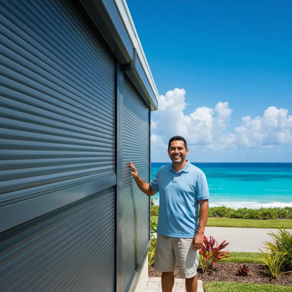 Smiling homeowner beside a coastal house with retracted roll‑down shutters