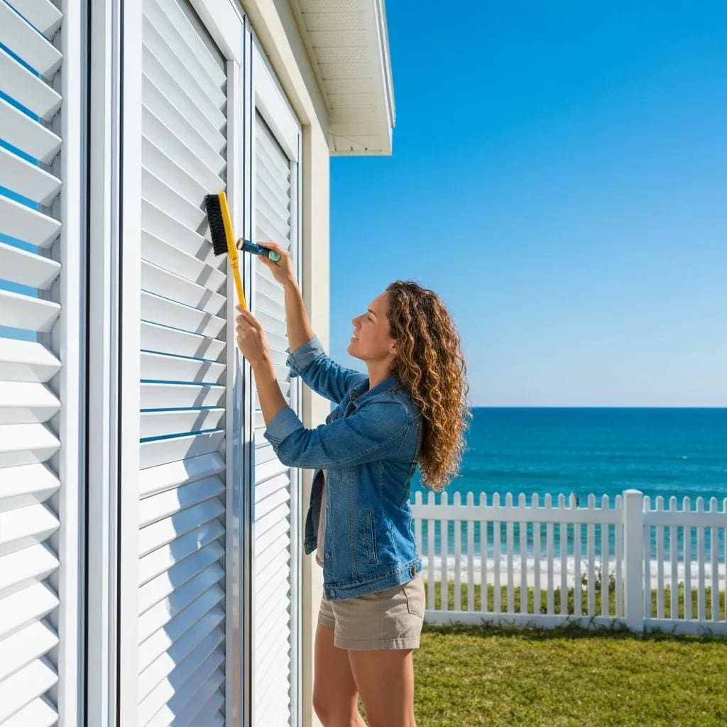 Homeowner inspecting accordion shutters for maintenance and repair