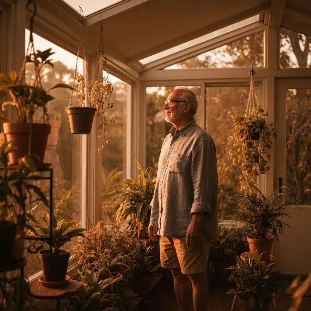 Homeowner inspecting accordion shutters for maintenance in a coastal setting