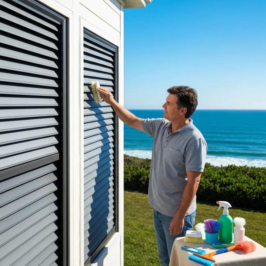 Homeowner inspecting accordion shutters for maintenance in a coastal setting