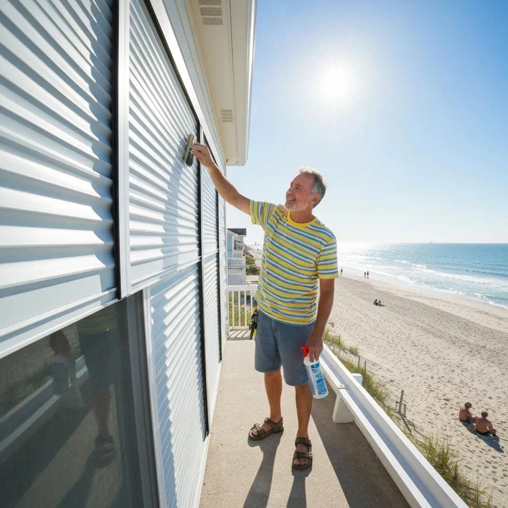 Homeowner inspecting accordion shutters for maintenance in a coastal setting