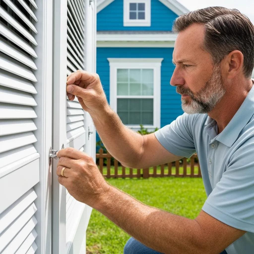 Person inspecting hurricane shutters for wear and alignment