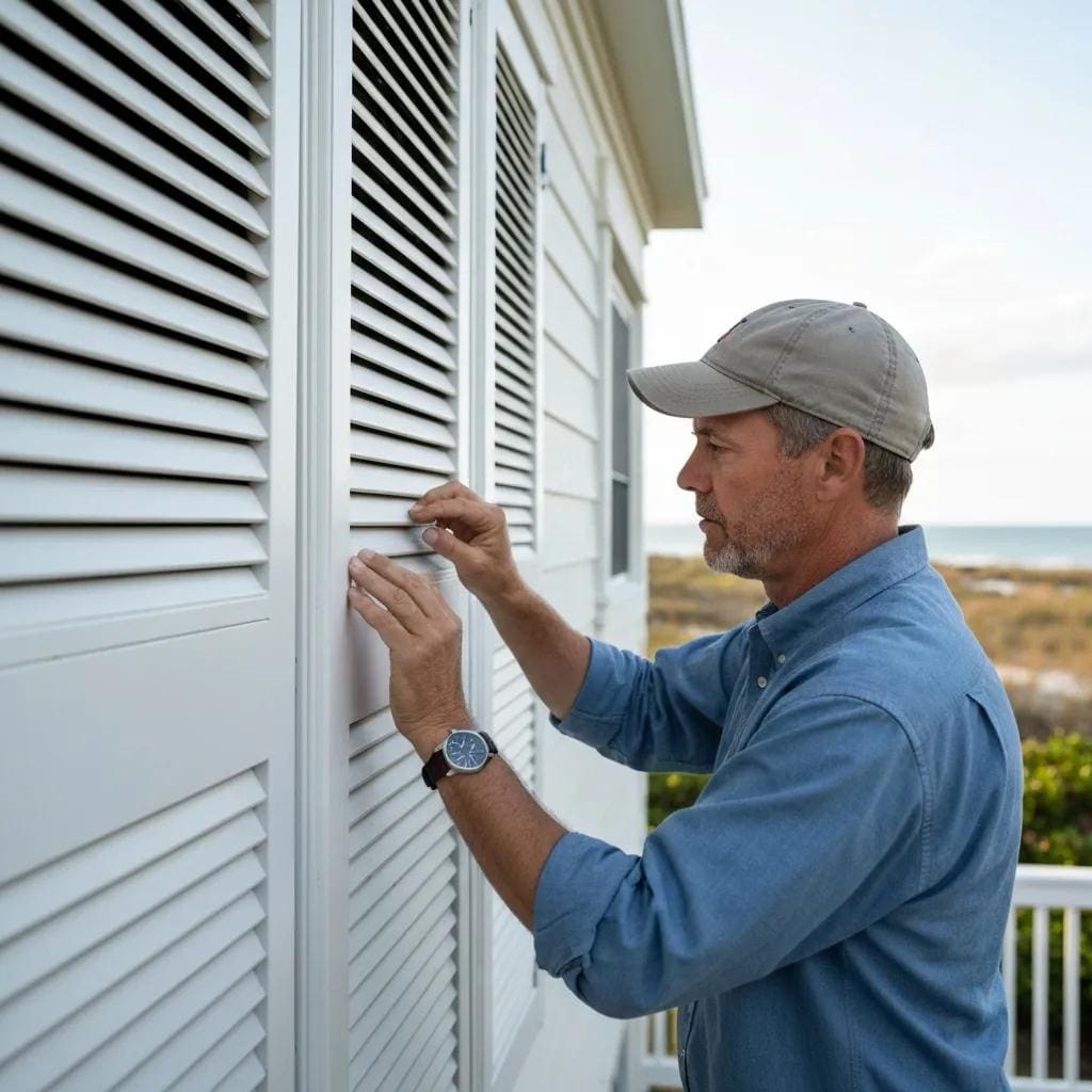 Homeowner inspecting hurricane shutters on a coastal home, highlighting storm preparedness