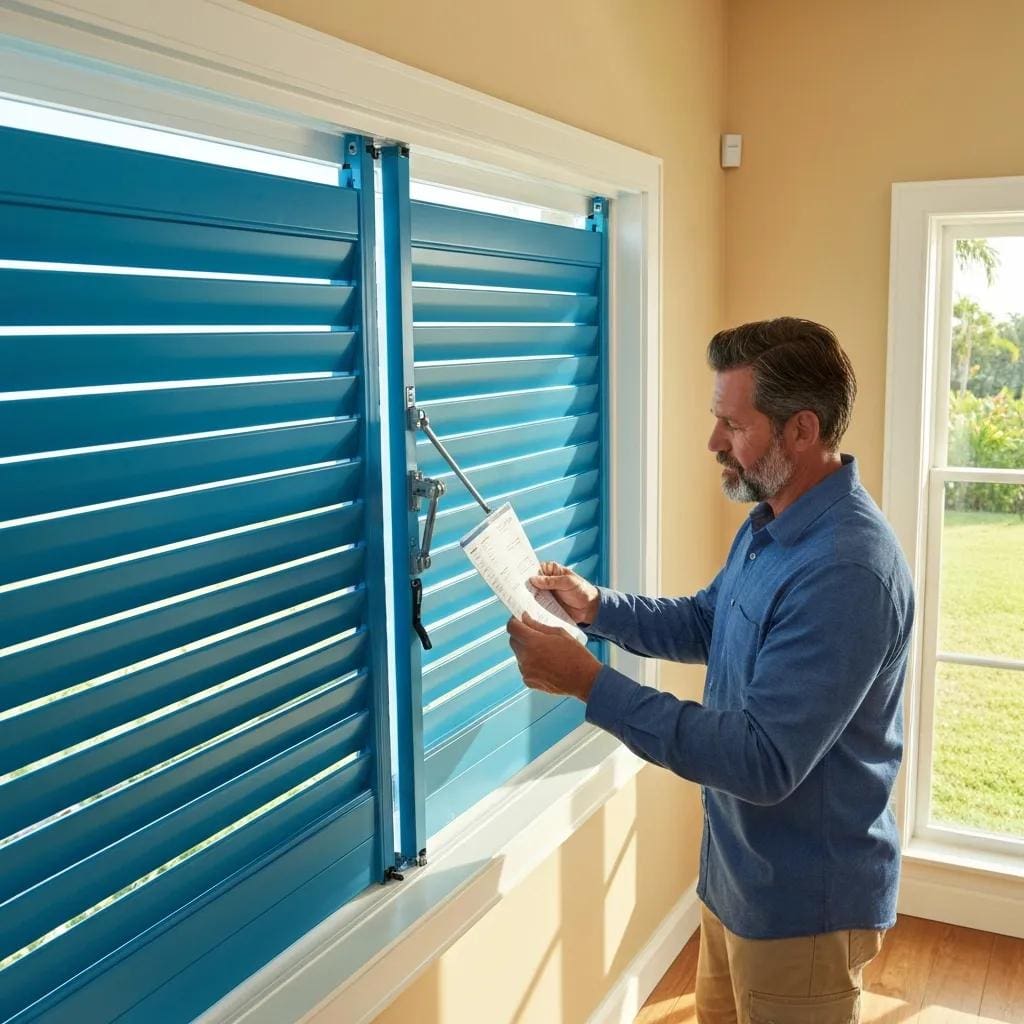 Homeowner inspecting hurricane shutters with a checklist