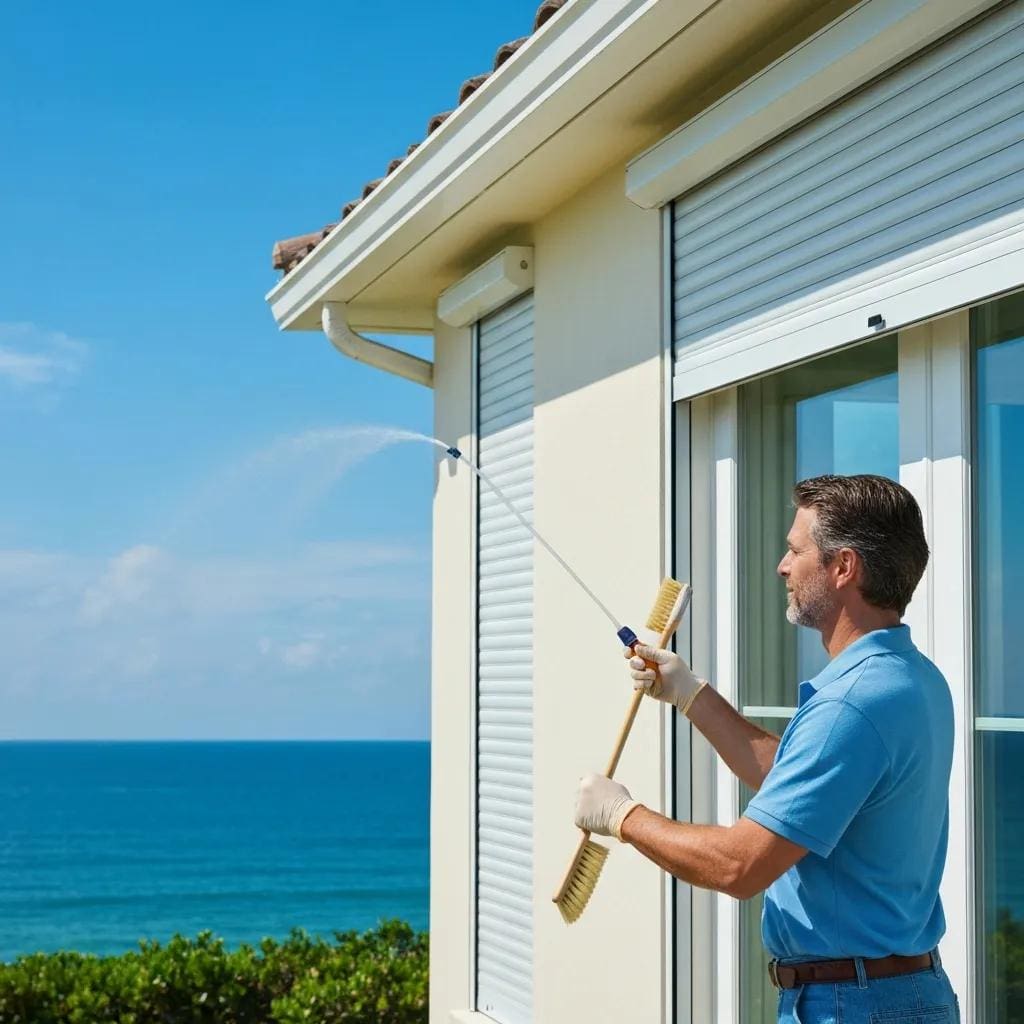 Homeowner inspecting roll down hurricane shutters for maintenance in a coastal setting