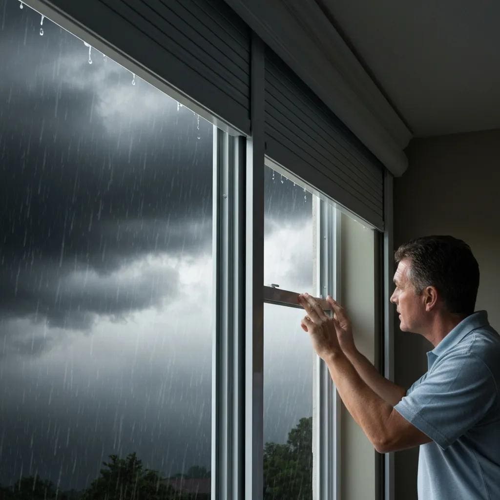 Homeowner inspecting stuck roll-down hurricane shutters during a storm