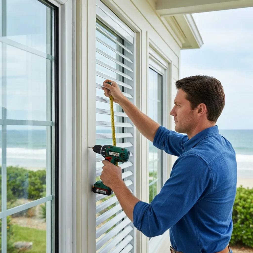 Homeowner installing accordion hurricane shutters on a coastal home, showcasing tools and installation process