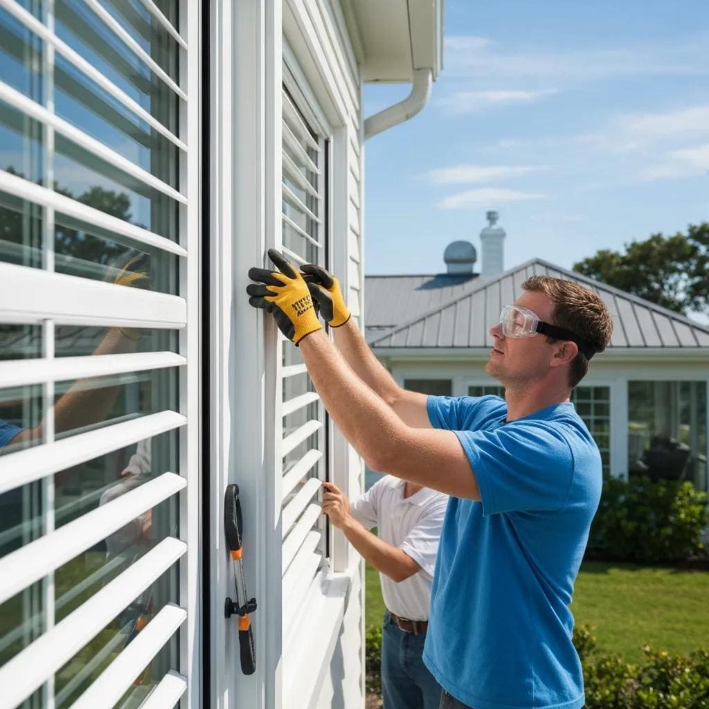 Homeowner installing accordion shutters on a coastal home window, highlighting DIY installation process