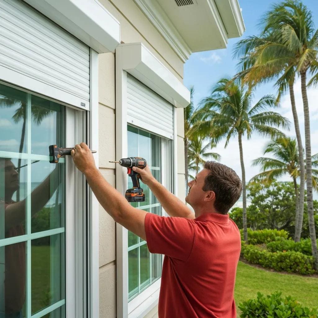Homeowner installing roll-down hurricane shutters on a coastal home, showcasing tools and sunny environment