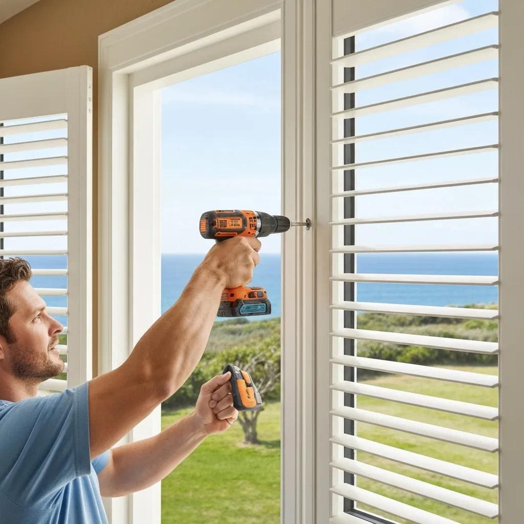 Homeowner-installing-vinyl-shutters-on-a-coastal-home-window-2c3b692d-228c-4812-993f-cb355aa584e3webp - american hurricane shutters Homeowner fitting a removable vinyl storm panel on a coastal window