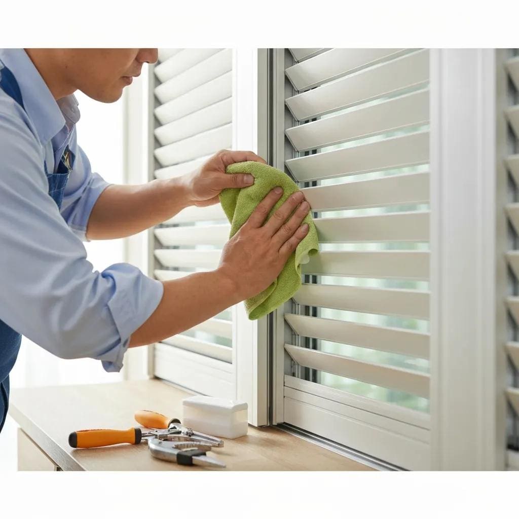 Homeowner-maintaining-accordion-shutters-for-long-term-effectiveness-fcb43bbc-027f-4b48-9ed8-9b35b2cc16edwebp - american hurricane shutters Owner performing routine maintenance on accordion shutters to ensure reliable performance