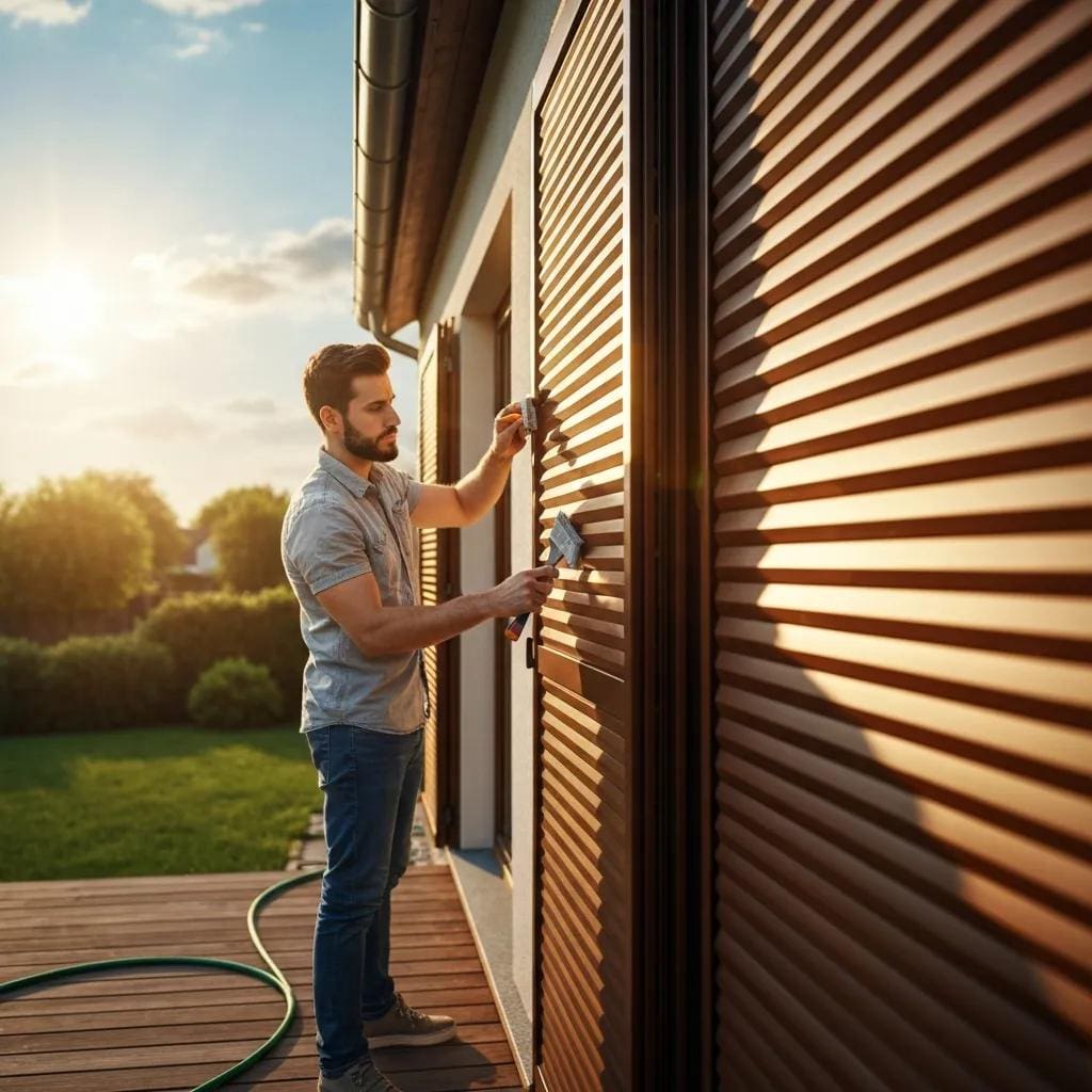 Homeowner performing routine maintenance on accordion shutters — cleaning and lubrication