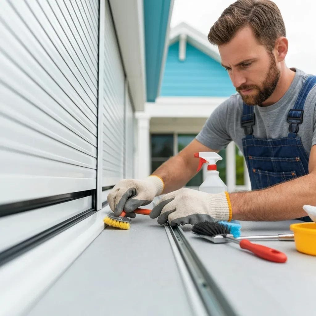 Homeowner-maintaining-roll-down-hurricane-shutters-focusing-on-cleaning-and-lubrication-tasks-aa42de4b-c81a-462b-a442-c1ff73af8e13webp - american hurricane shutters Homeowner maintaining roll down hurricane shutters, focusing on cleaning and lubrication tasks