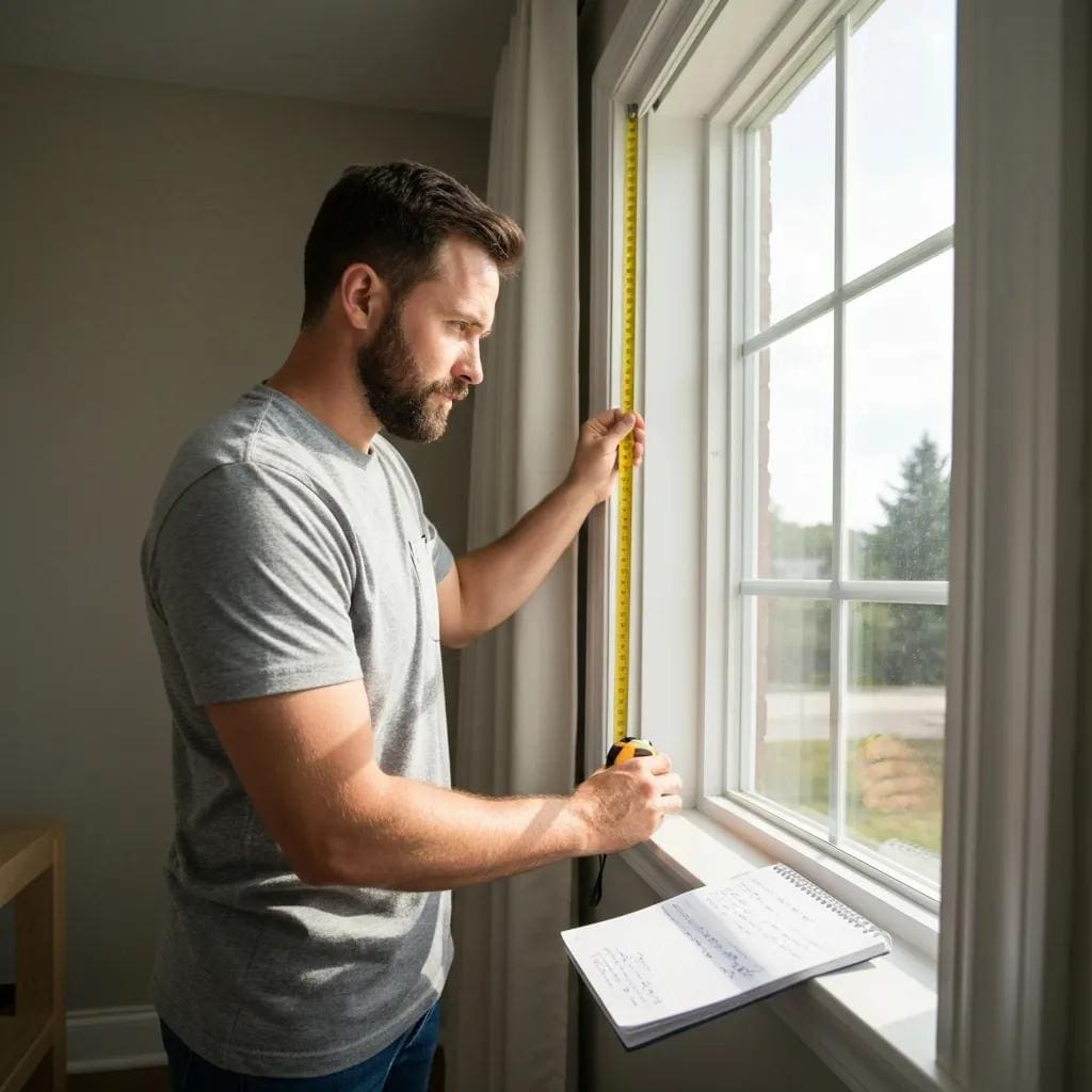 Homeowner measuring a window for accordion shutters to estimate costs accurately