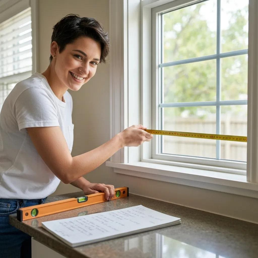 Homeowner measuring a window opening in preparation for accordion shutter installation