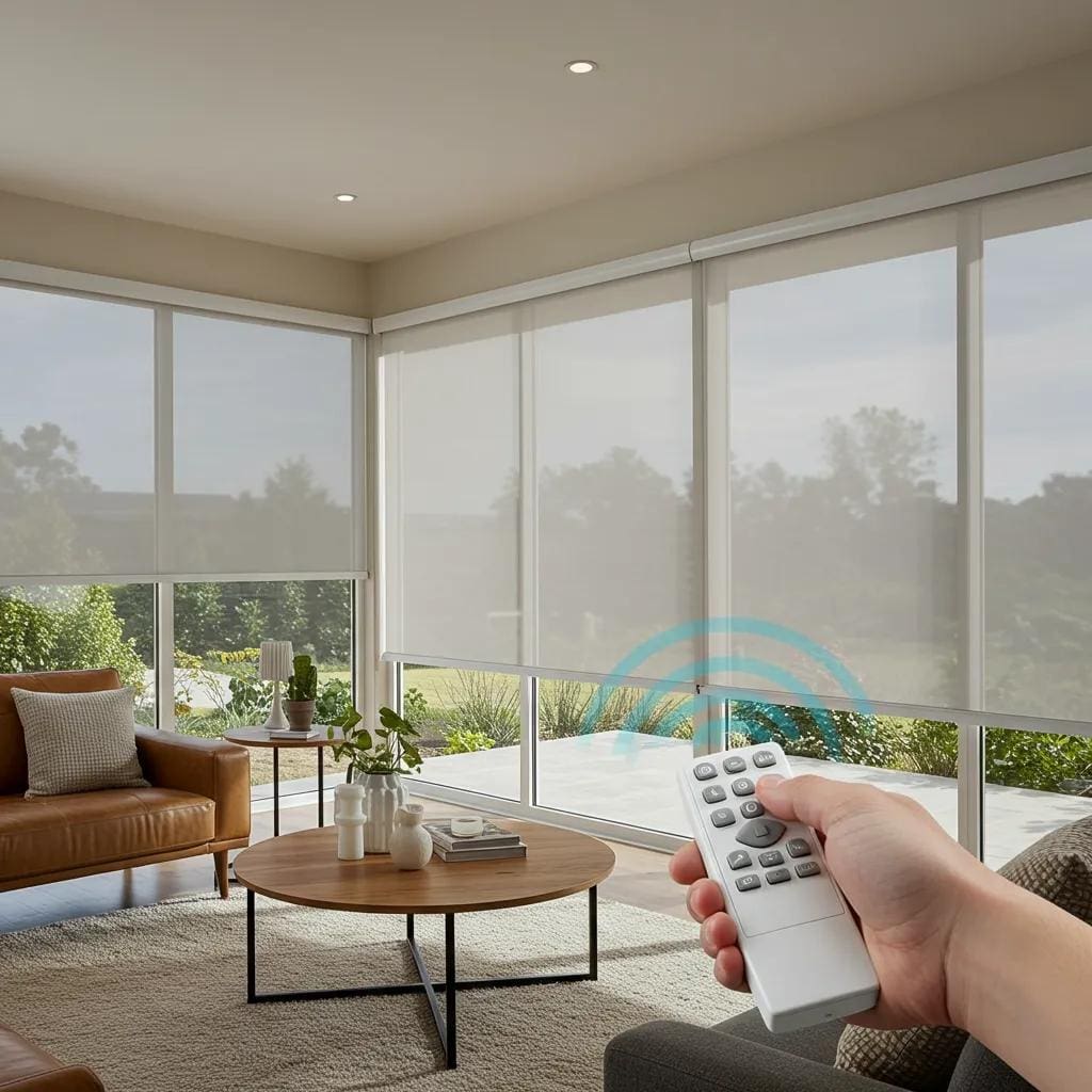 Homeowner-operating-motorized-roll-down-hurricane-screens-with-a-remote-control-in-a-stylish-living-room-dc585dd9-0285-4cc7-bab9-3b88c2fa9e8dwebp - american hurricane shutters Homeowner operating motorized roll-down hurricane screens with a remote control in a stylish living room