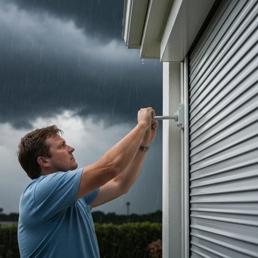 Homeowner operating roll down hurricane shutters during a storm for safety and protection