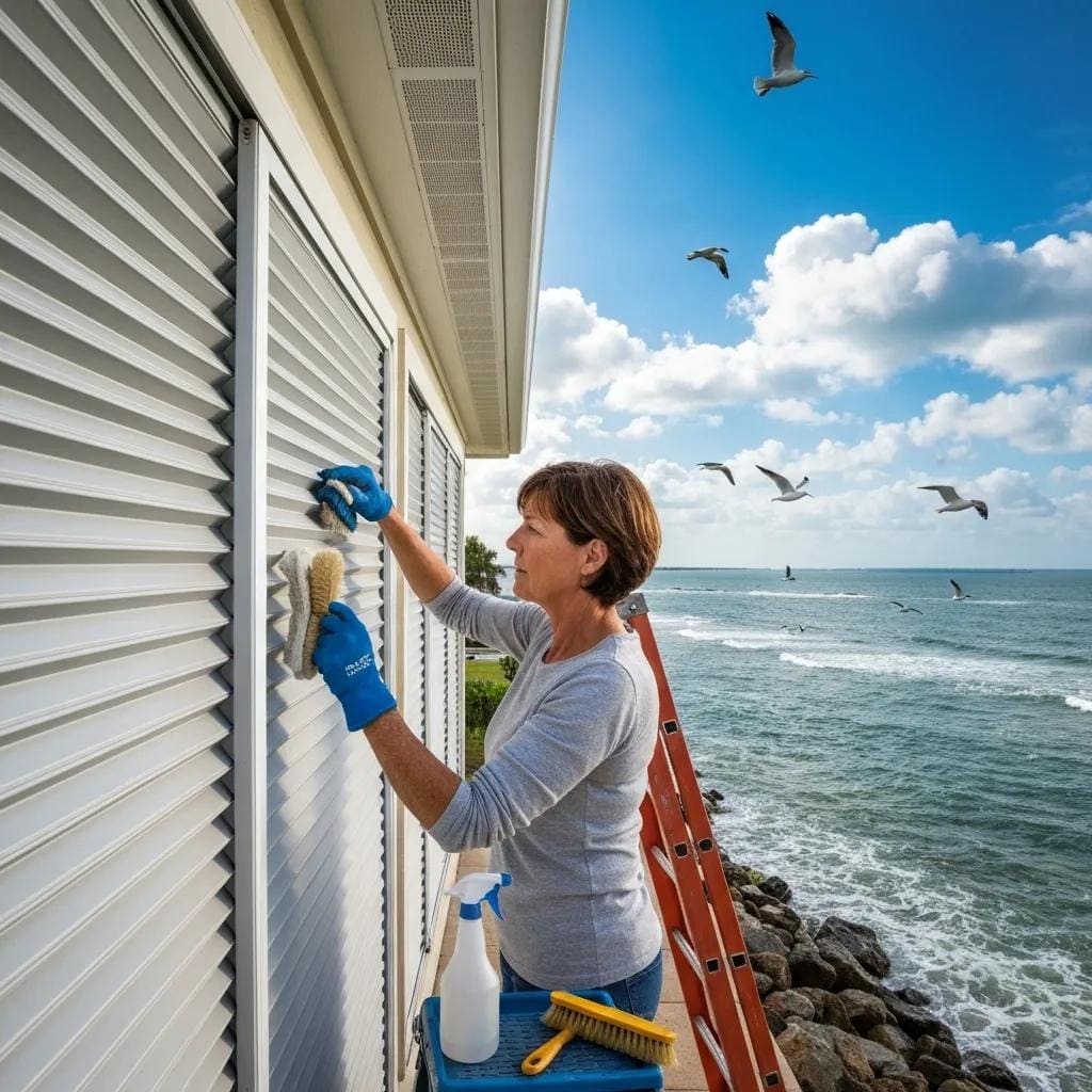 Homeowner-performing-maintenance-on-accordion-hurricane-shutters-ensuring-long-term-durability-6395874d-8d60-42b1-909f-1ca35ac65331webp - american hurricane shutters Homeowner performing routine maintenance on accordion hurricane shutters to ensure long service life