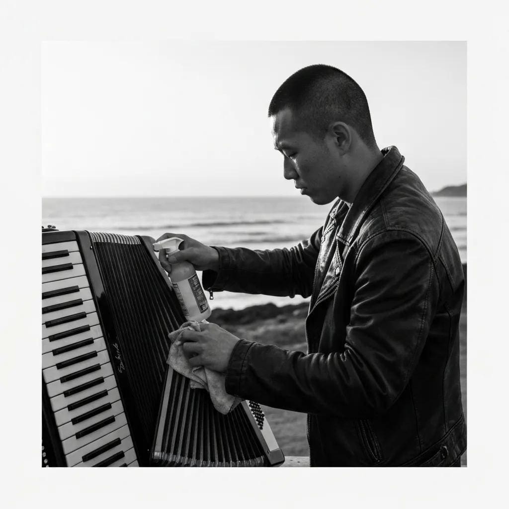 Homeowner performing routine maintenance on accordion shutters