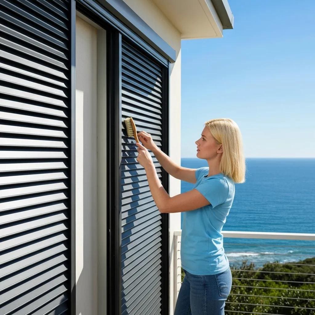 Homeowner inspecting and maintaining accordion shutters to prolong service life