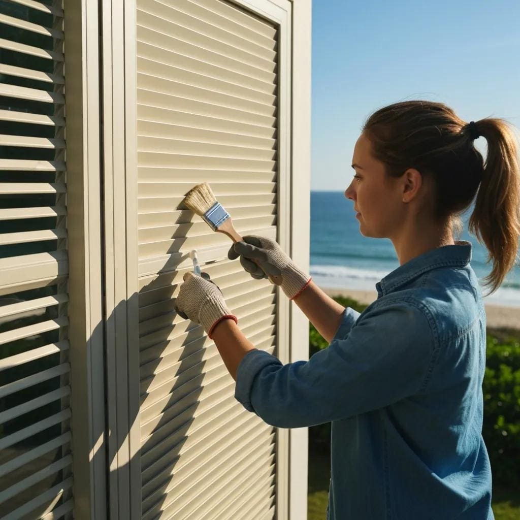 Homeowner performing maintenance on accordion shutters with tools