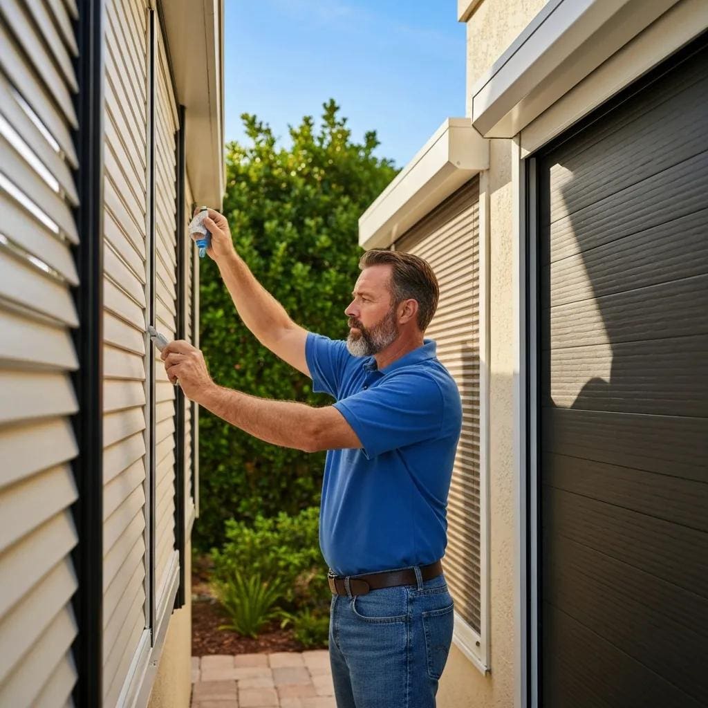 Homeowner checking hurricane shutters during routine maintenance
