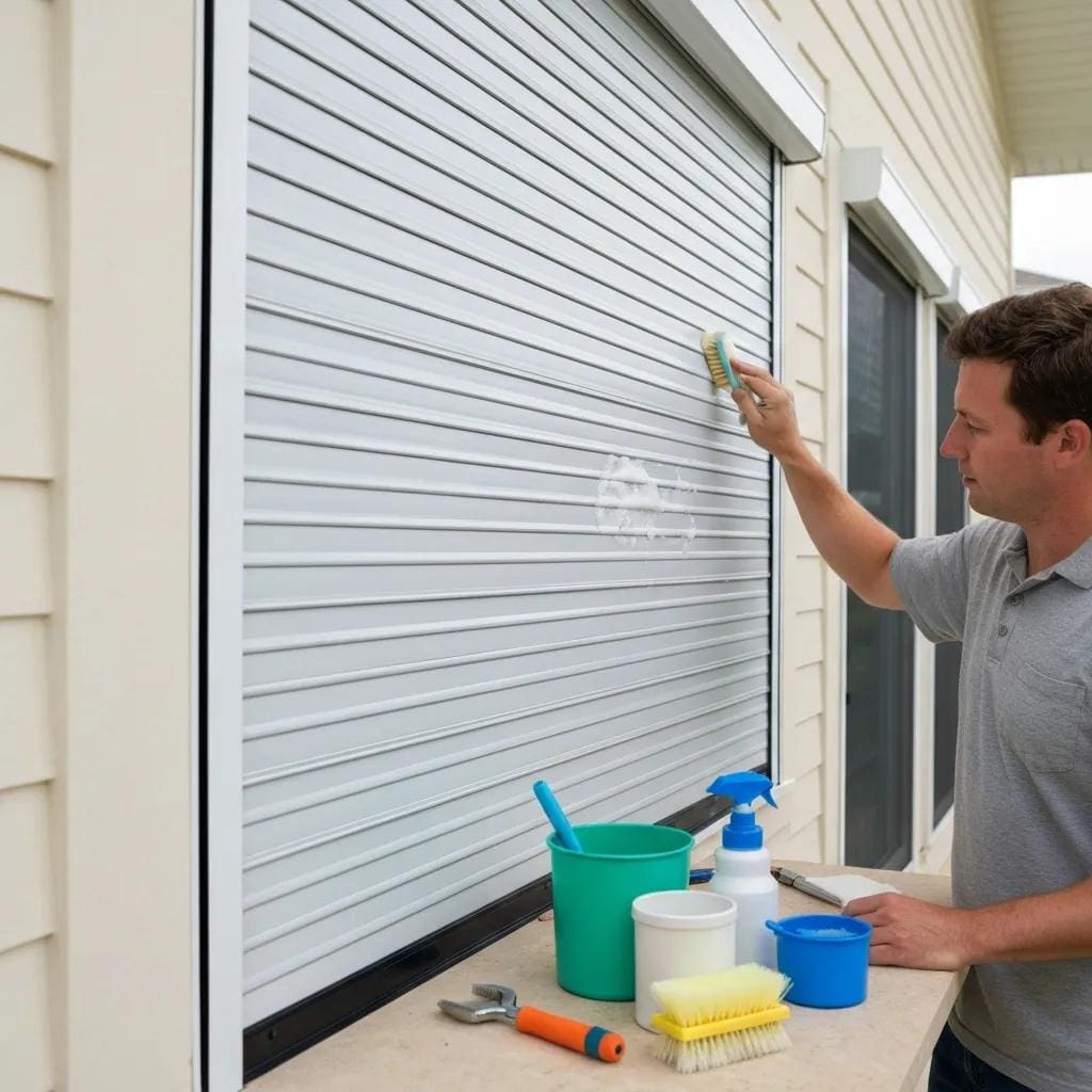 Homeowner cleaning and inspecting roll‑down hurricane shutters