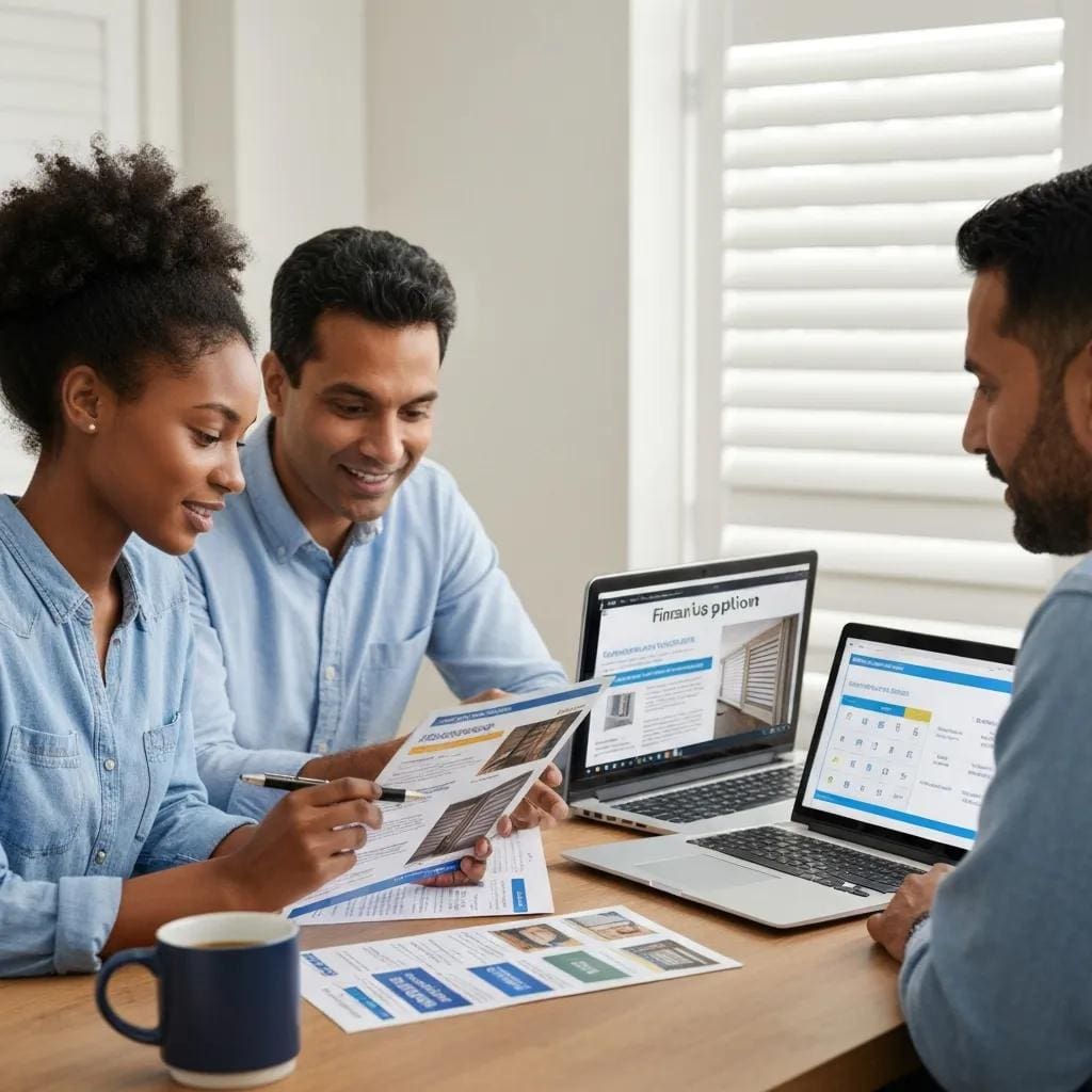 Homeowner reviewing financing options for accordion shutters, with documents and a laptop on the table