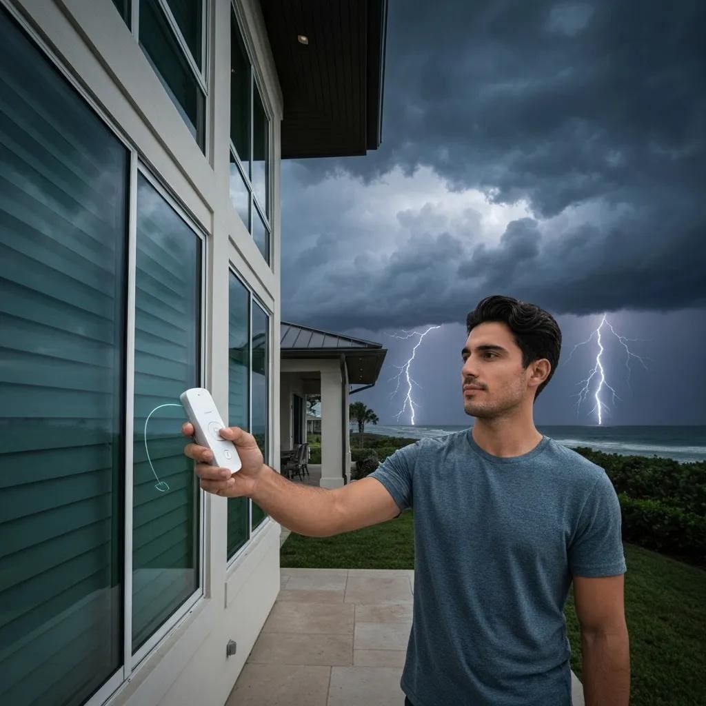 Homeowner using remote control for smart hurricane shutter system during storm preparation