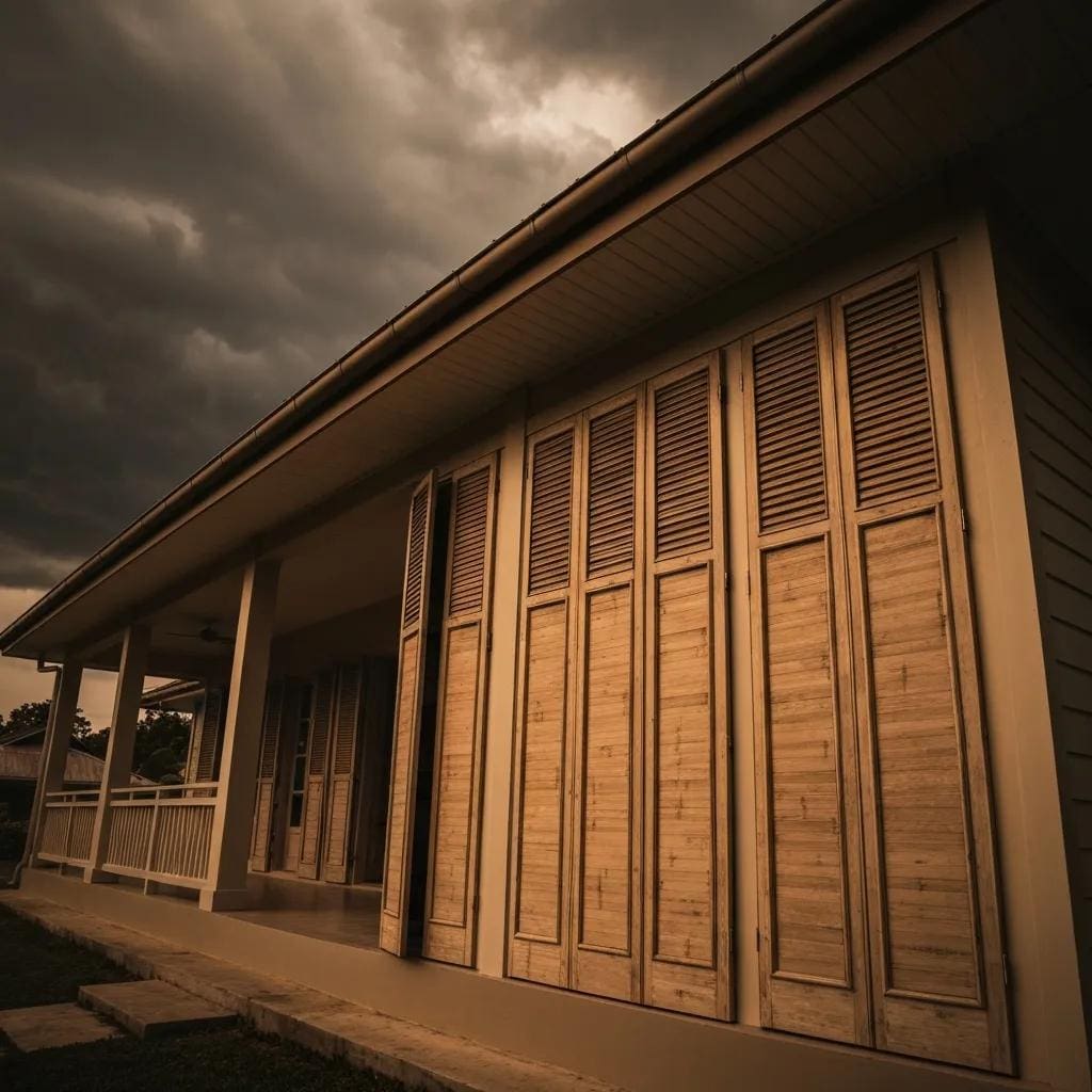 House with closed accordion shutters against a stormy sky, emphasizing hurricane protection