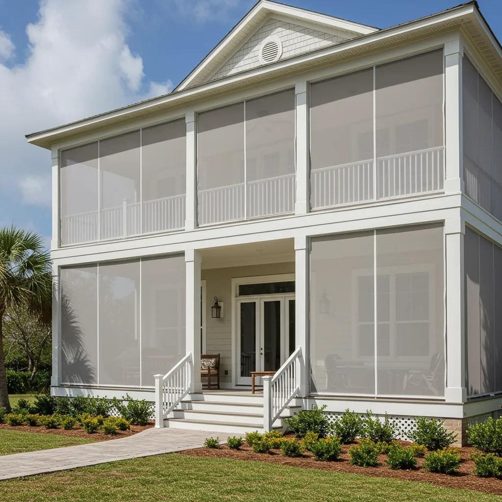 Hurricane fabric screens installed on a coastal home, showcasing protection and light transmission