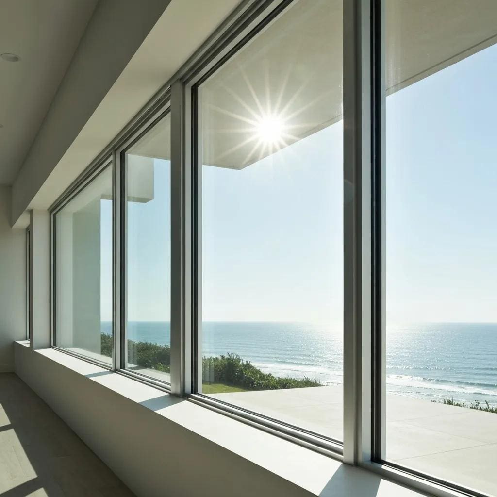 Hurricane impact windows in a modern home with coastal view, illustrating their aesthetic appeal and protective benefits