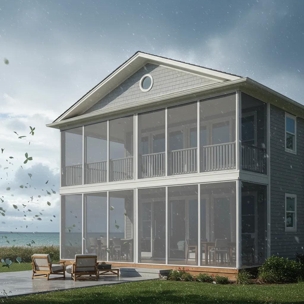 Hurricane protection screens on a modern coastal home during a storm, highlighting their strength and visibility