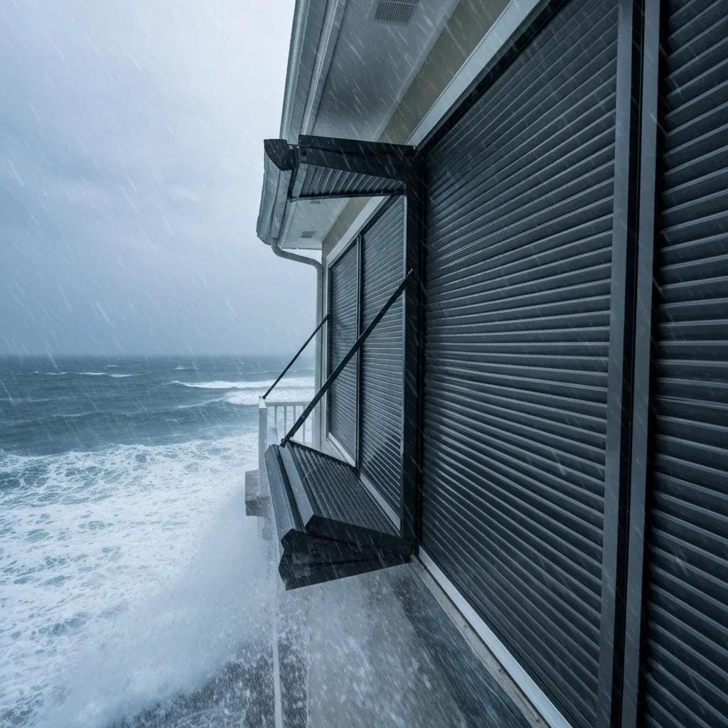 Hurricane-rated accordion shutters deployed on a coastal home demonstrating reinforced tracks and locking hardware