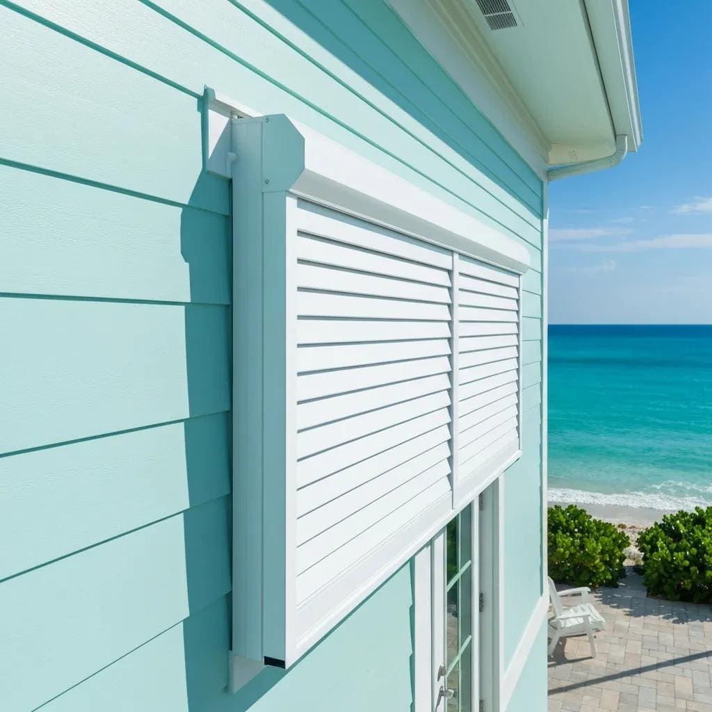 Hurricane shutter on a coastal home, highlighting maintenance importance