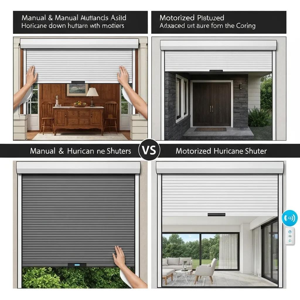 Side‑by‑side of manual and motorized roll‑down shutters highlighting operational differences
