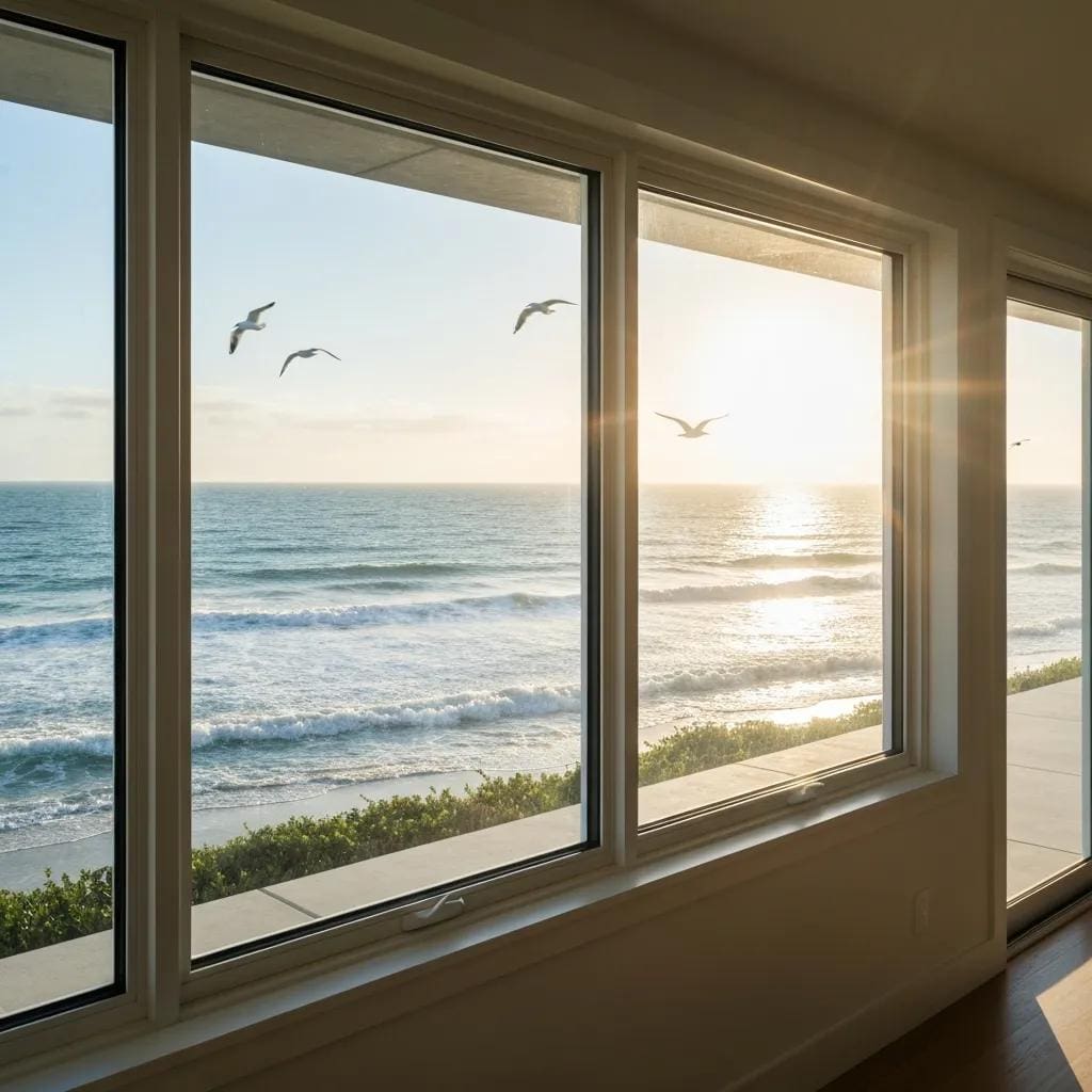 Impact-resistant windows in a coastal home, showcasing laminated glass and energy efficiency benefits