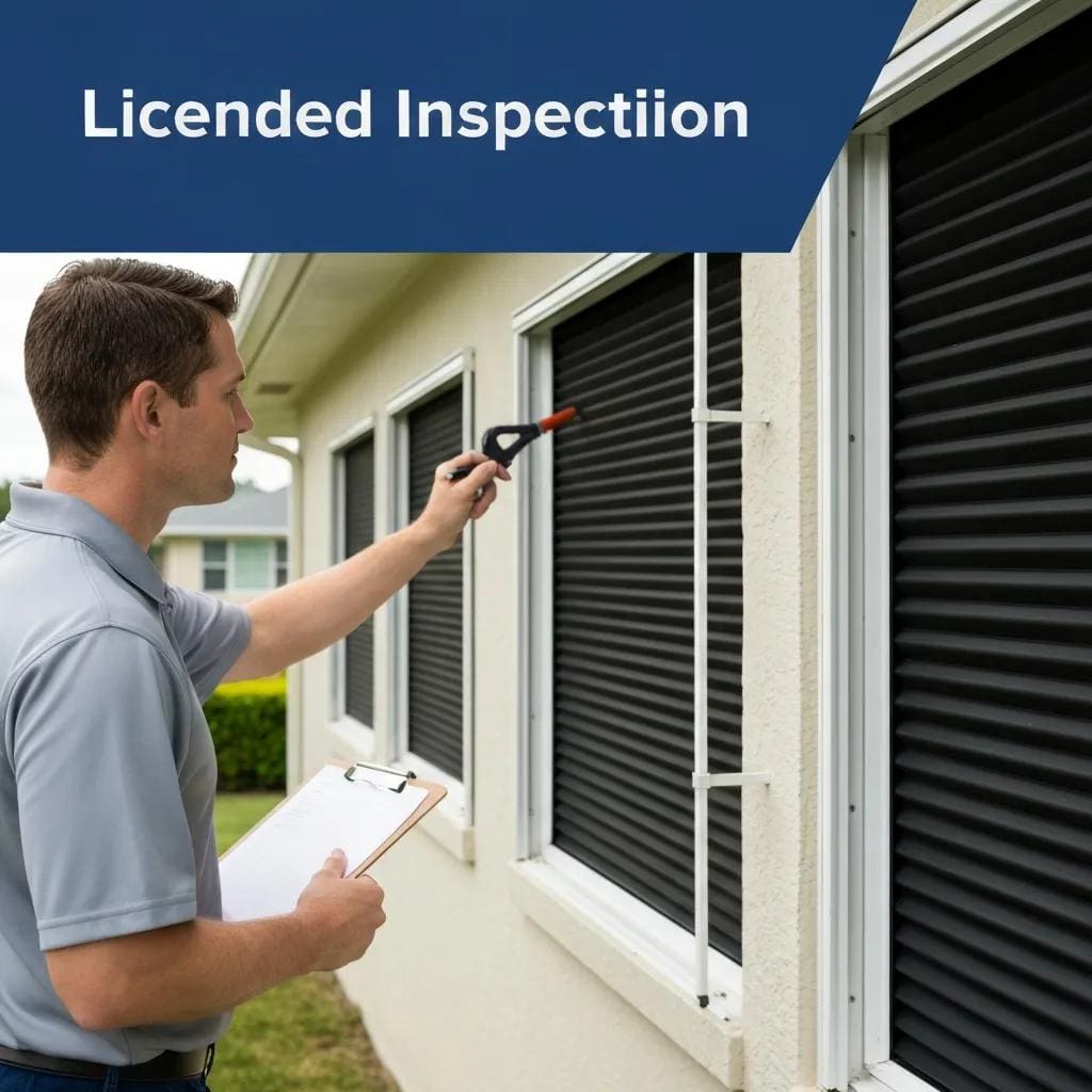 Inspector evaluating accordion shutters during a wind mitigation inspection