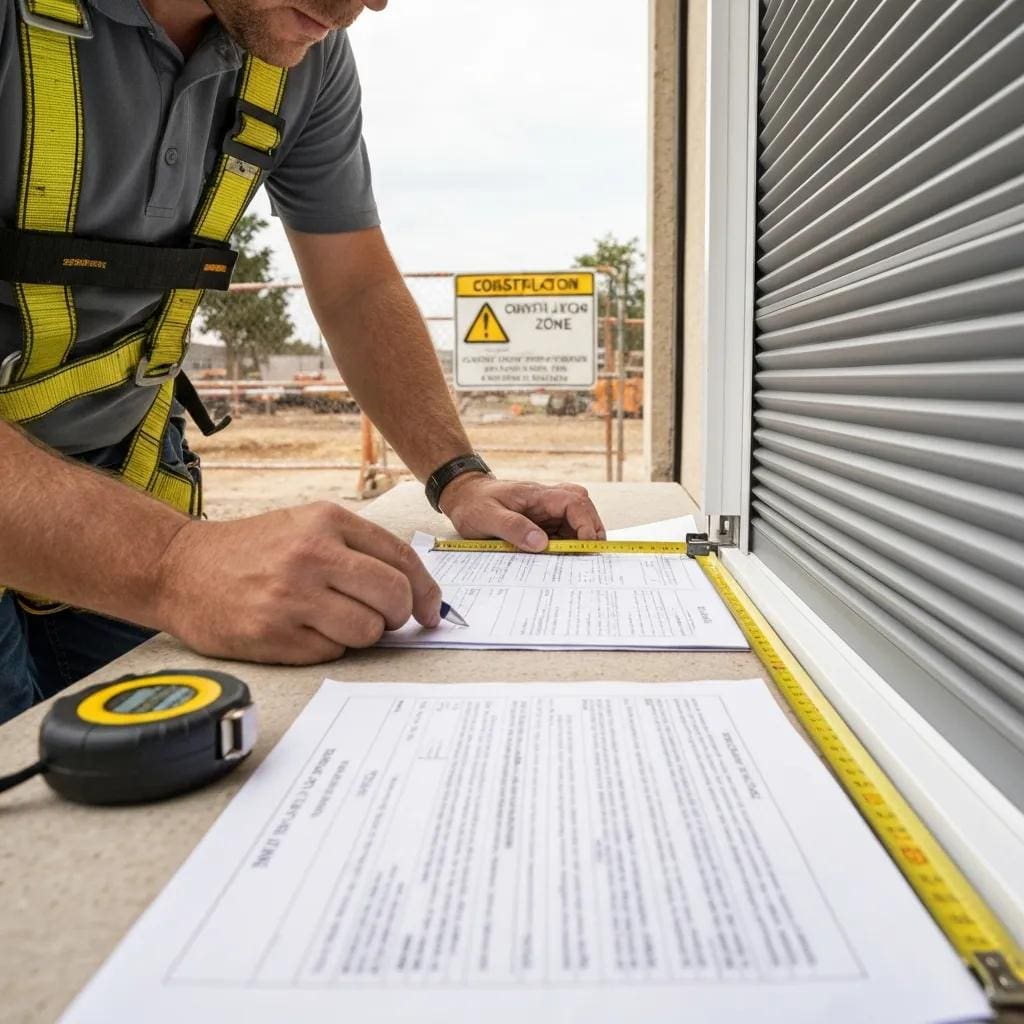 Installer taking measurements with building code documents nearby to verify compliance
