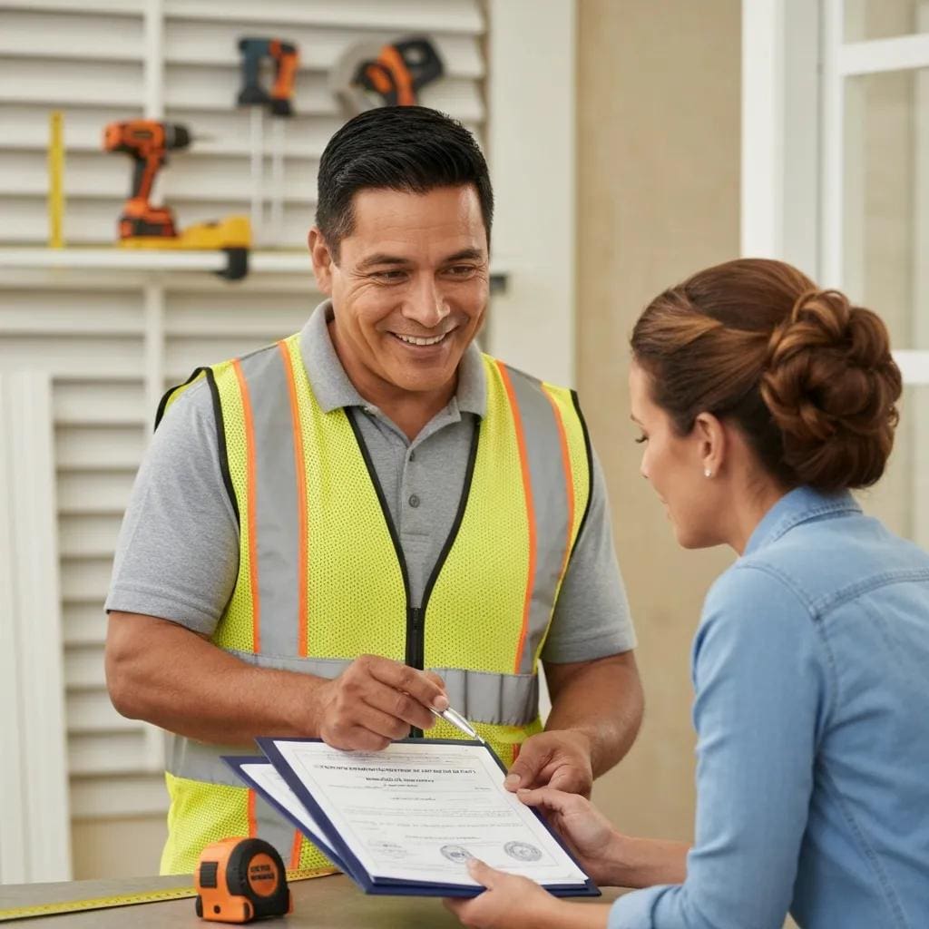 Installer showing licensing and insurance documents to a homeowner, emphasizing professionalism and trust