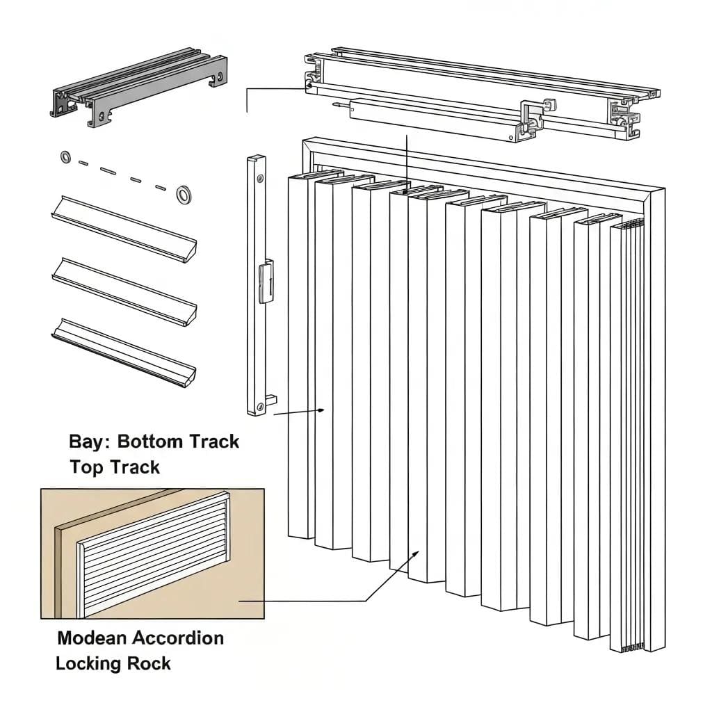 Diagram of accordion shutter parts—tracks, blades, brackets—highlighting materials and construction