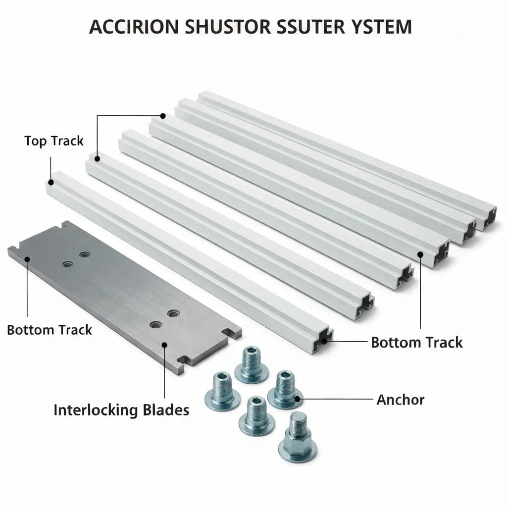 Key-components-of-an-accordion-shutter-system-including-tracks-blades-and-anchors-clearly-displayed-for-educational-purposes-8e2b8e00-dddb-46fa-89c0-a5d8754432b6webp - american hurricane shutters Illustration of accordion shutter parts: top track, bottom track, interlocking blades, side angles, and anchors