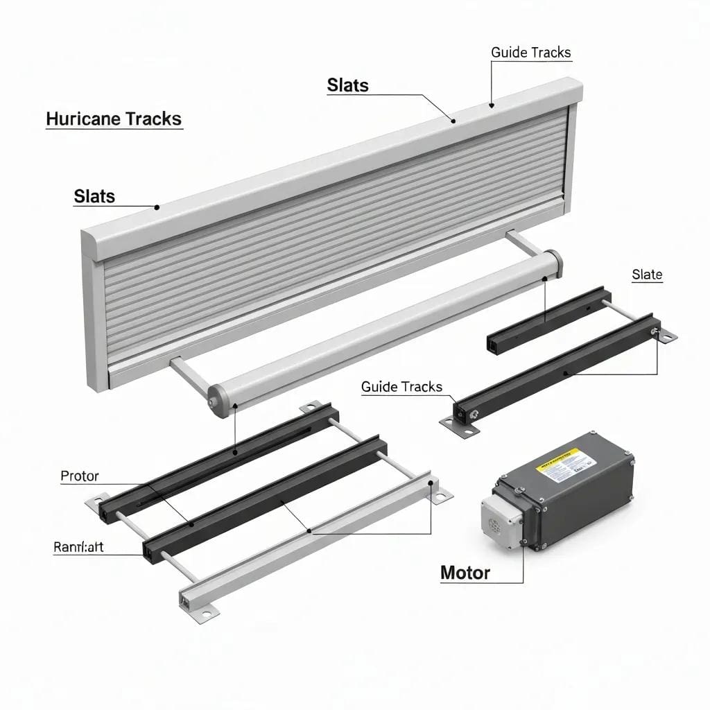 Diagram showing slats, tracks, and motor components of roll-down hurricane shutters